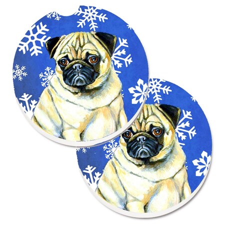 Carolines Treasures Pug Winter Snowflakes Holiday Set of 2 Cup Holder Car Coaster LH9297CARC